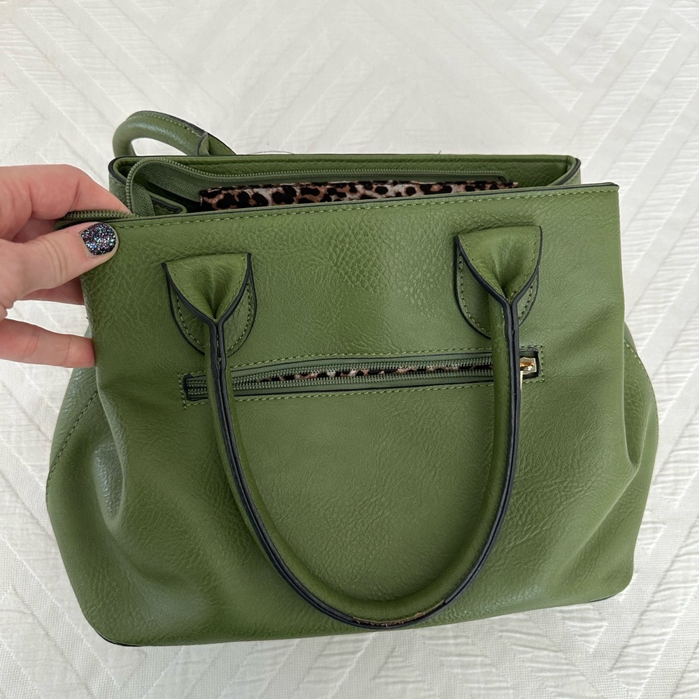 Green and leopard print purse